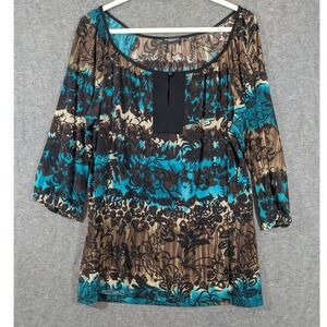 Perception Women Teal Brown Floral Paisley Peasant Blouse 3/4 Sleeve Size Large